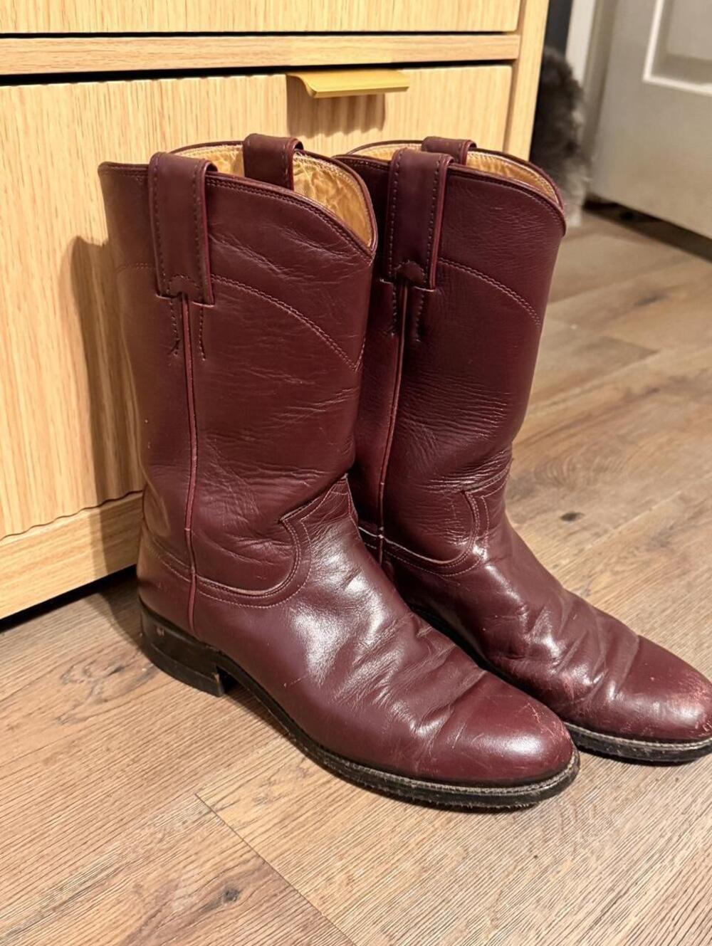 Vintage Leather Justin Roper Cowboy Boots Burgundy Style L3068 Made in USA